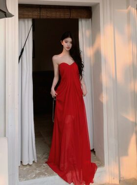 法式浪漫抹胸裙露背交叉绑带调节红色拖地轻婚纱晨袍度假礼服