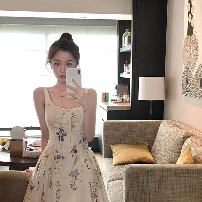 双层套里纯棉水印裙子女夏季显瘦收腰系带碎花连衣裙公主感吊带裙