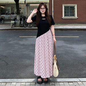 大码气质拼接撞色假两件连衣裙女夏季胖mm显瘦垂感波点超好看裙子