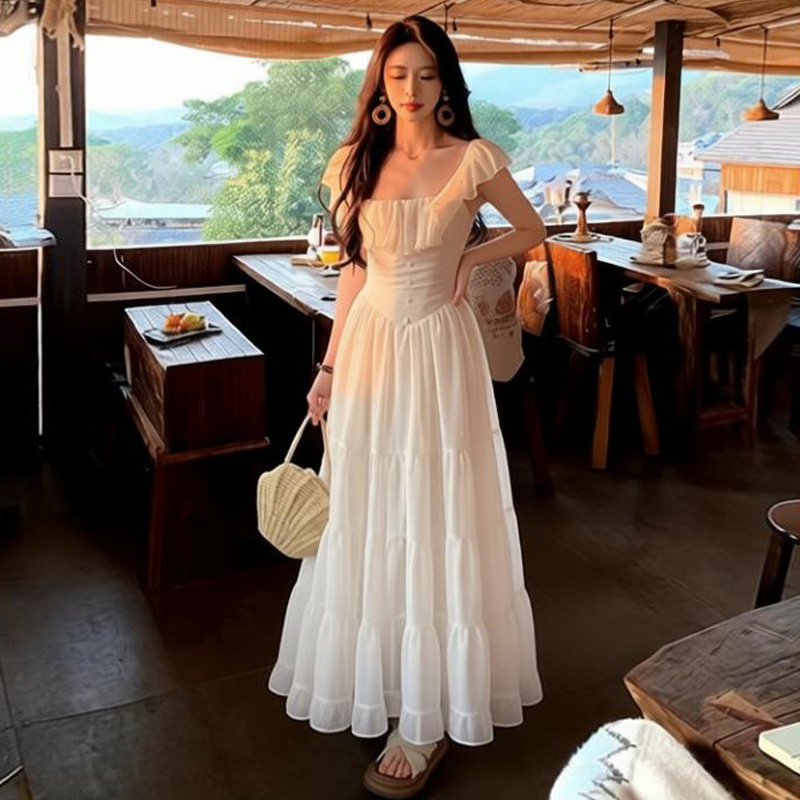 法式绝美方领雪纺无袖连衣裙女夏季海边度假风生日公主蓬蓬长裙子