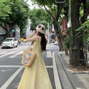 实拍有货~夏季韩版收腰显瘦气质重工长款无袖连衣裙