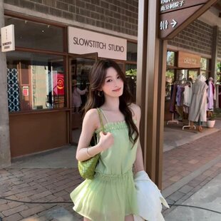 小清新绿色无袖背心连衣裙女夏季新款森系超漂亮长裙