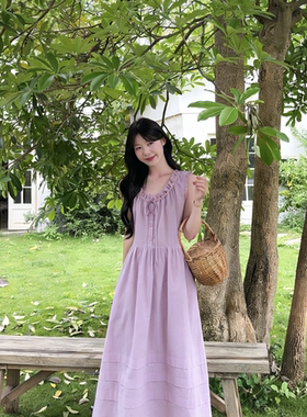实拍有货~甜美风可调节领紫色宽松无袖背心连衣裙女夏