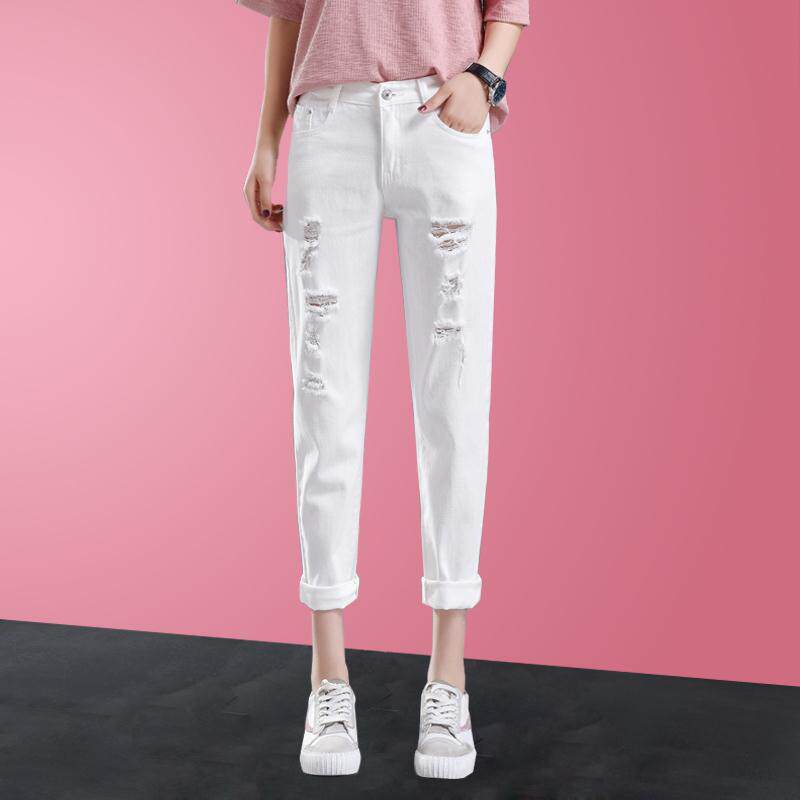 破洞牛仔裤女春秋2019新款显瘦百搭白色裤子女夏宽松乞丐九分裤潮