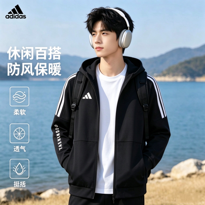 Adidas阿迪达斯2026秋冬新款黑色夹克休闲运动经典连帽三条杠外套