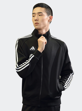 阿迪达斯春秋季外套男女黑色休闲运动新款立领梭织夹克TR30JT-BW