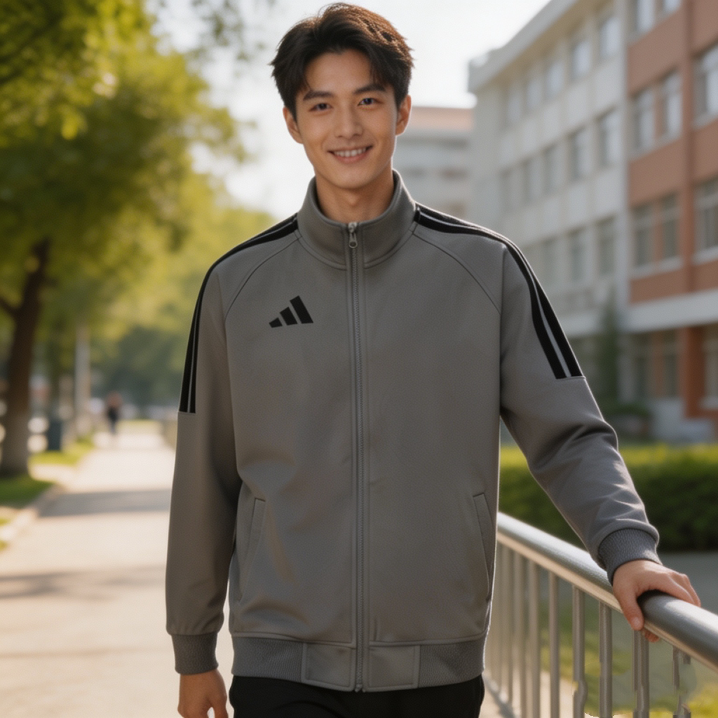Adidas阿迪达斯2026秋季灰色夹克休闲运动经典三条杠春秋立领外套