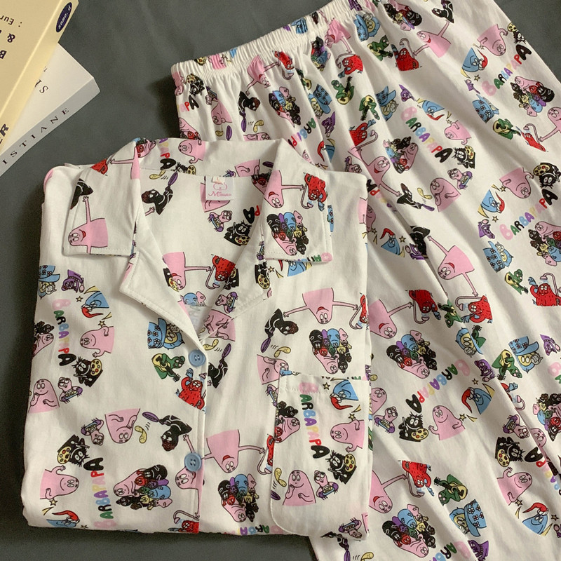 纯棉情侣睡衣春秋季可爱卡通巴巴爸爸翻领开衫夏天家居服两件套装