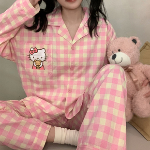 日系卡通HelloKitty猫粉色格子家居服套装 纯棉睡衣女春秋季 两件套