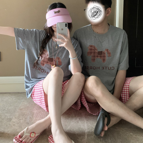情侣睡衣夏款纯棉短袖凉爽女士简约大码男士可外穿薄款家居服套装