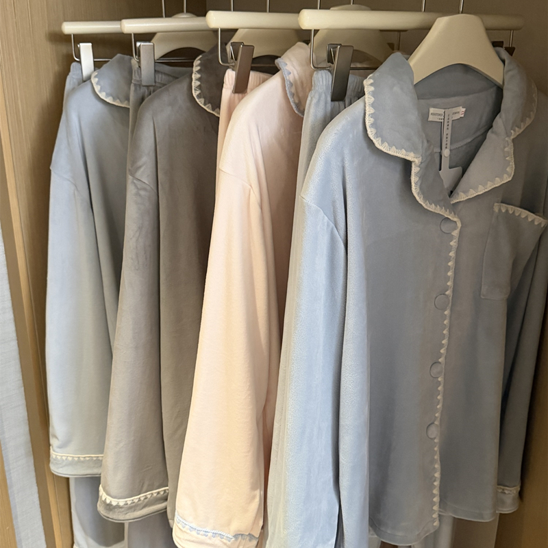 情侣睡衣冬季简约休闲纯色贝壳纹保暖海岛绒男女士家居服两件套装