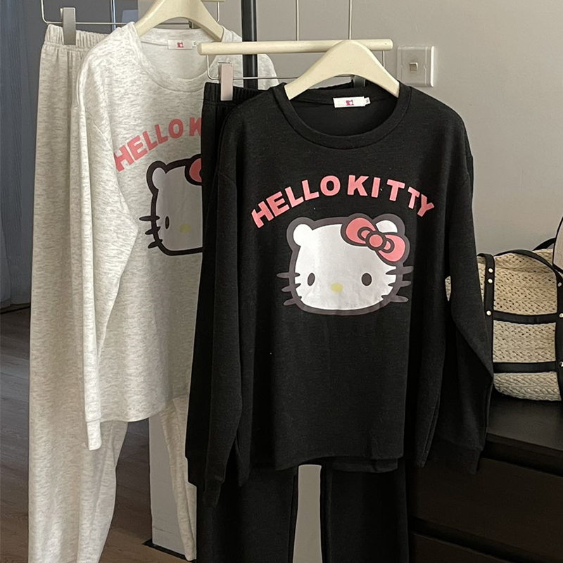 绵羊绒睡衣女春秋季HelloKitty甜美可爱长袖带胸垫一体家居服套装