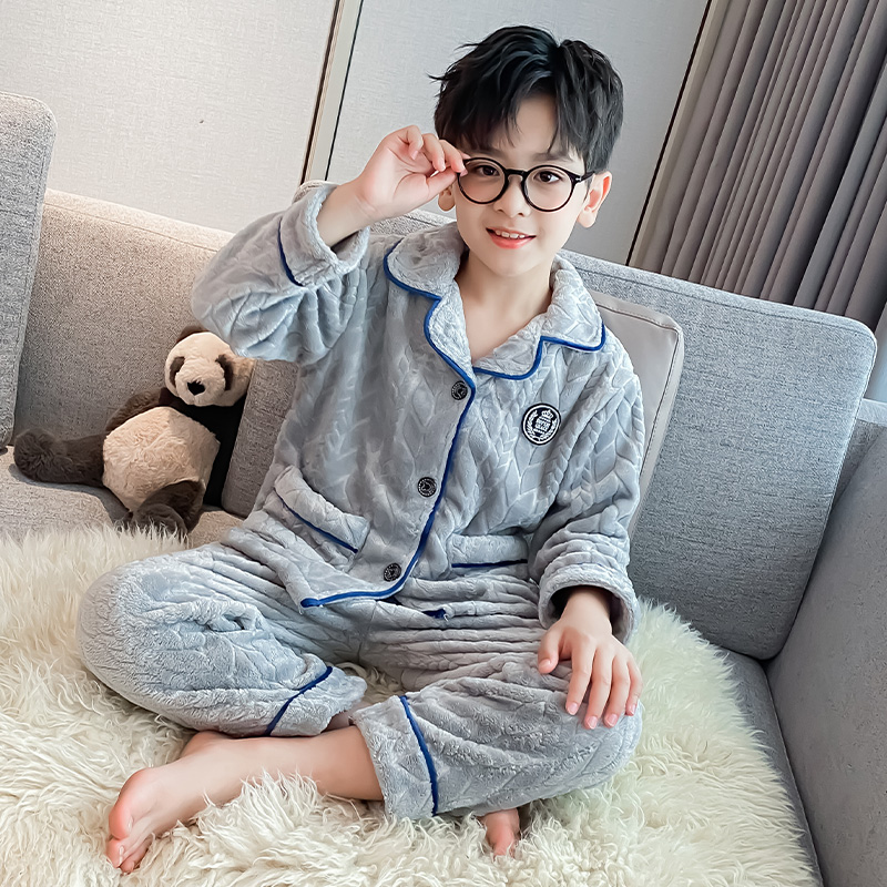 男童秋冬法兰绒睡衣新款中大童开衫两件套珊瑚绒保暖家居服套装潮