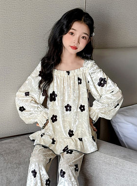 女童春秋睡衣金丝绒长袖睡衣套装