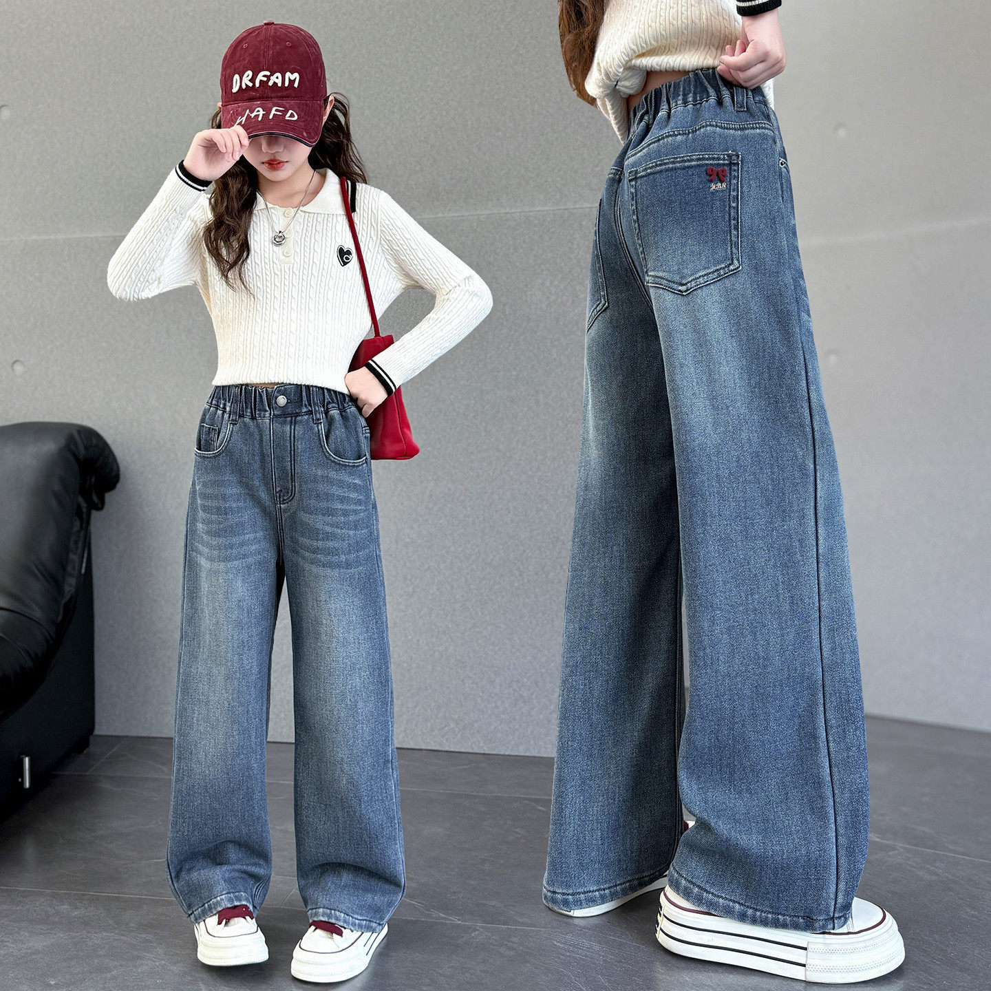 女童春秋裤子新款款中大童小女孩牛仔裤时尚显瘦窄版阔腿裤直筒裤