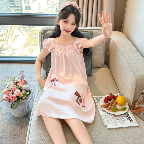 女童夏季冰丝睡裙家居服吊带裙子
