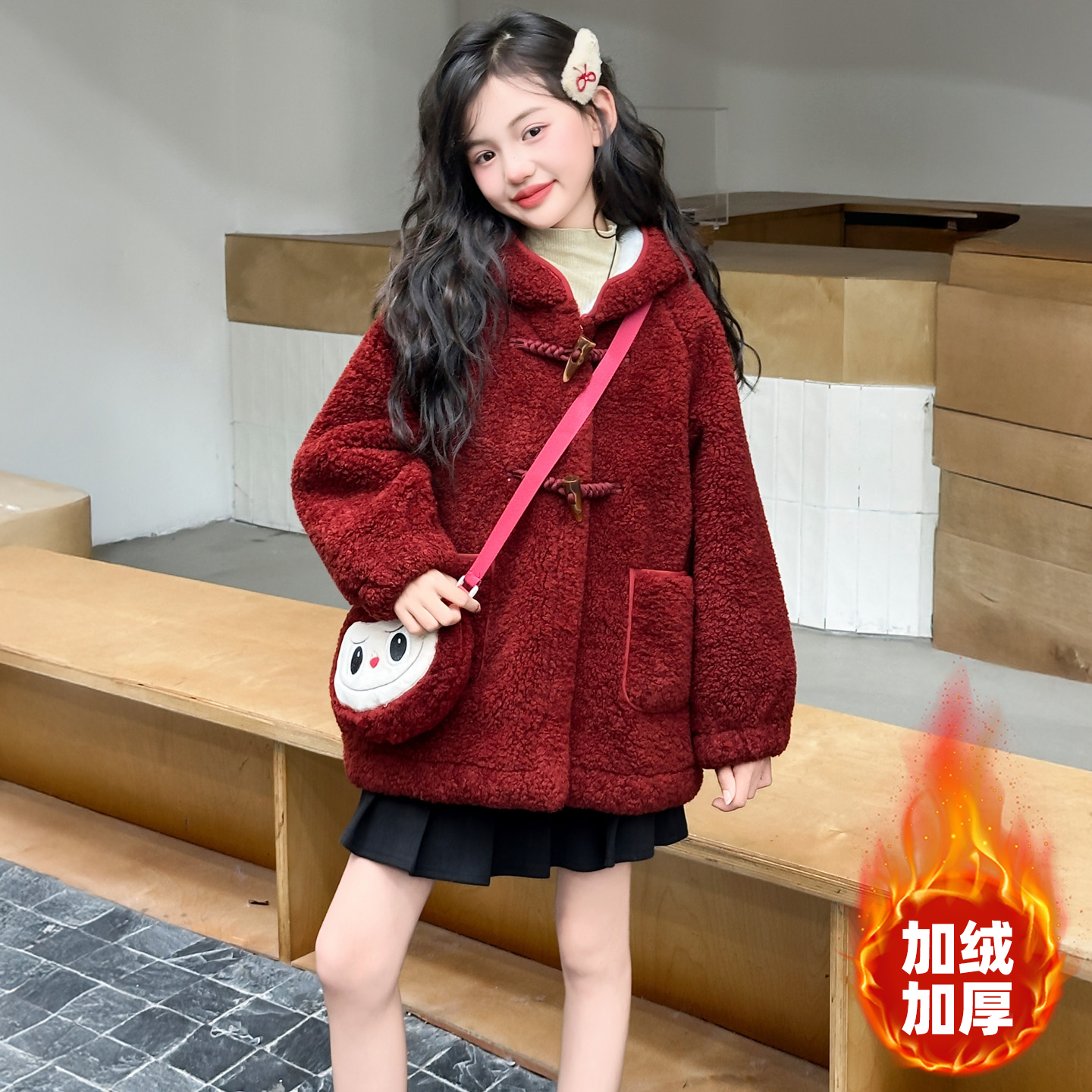女童冬款加厚毛毛衣红色年服外套