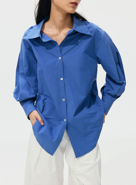 Wild Trims 野裁 「天海」 砂洗冰花纯棉廓形宽松百搭蓝色衬衫