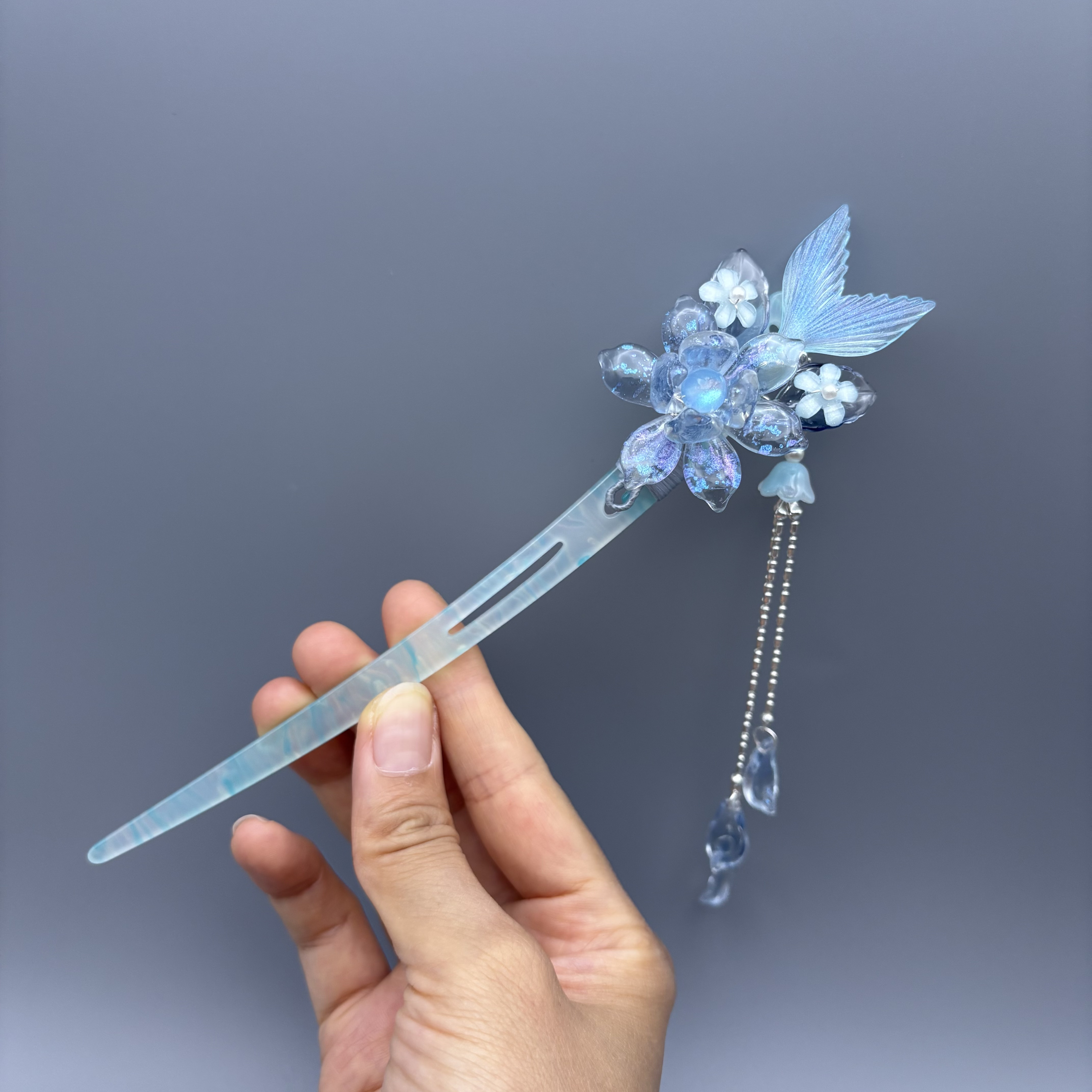 纯手工幻彩琉璃鱼尾荷花发簪