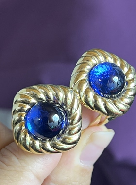 vintage 蓝琉璃中古耳夹 雪花图案标 日常简约