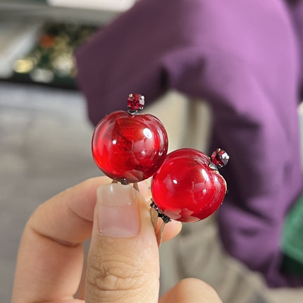 中古vintage 奥地利水果琉璃 小苹果耳夹 可爱童趣