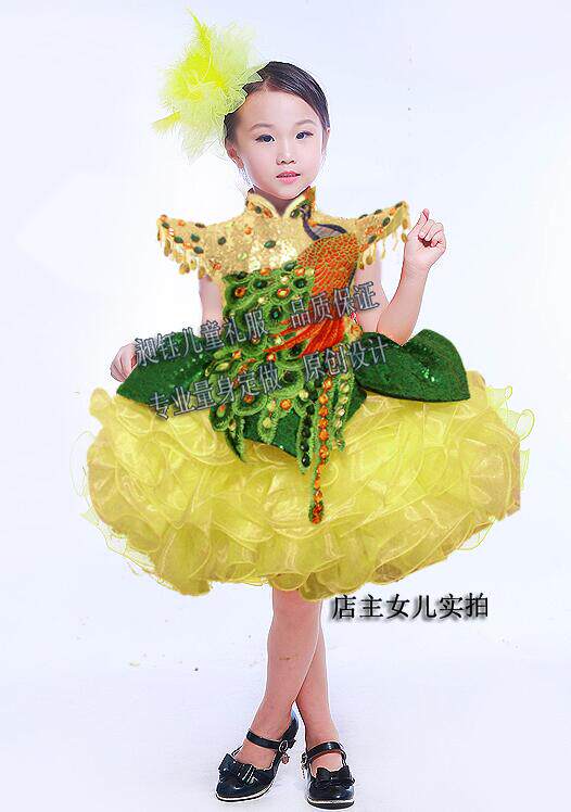 女童走秀演出礼服公主裙节目主持人表演裙儿童舞蹈黄色蓬蓬裙