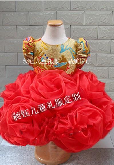 中国风女童演出晚礼服龙袍黄色短款礼服女童主持模特走秀礼服