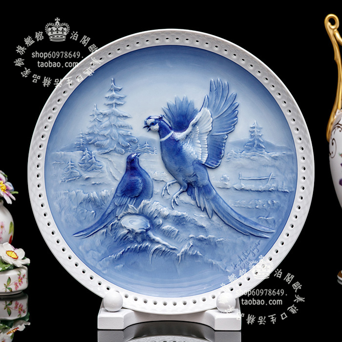 德国狮牌hutschenreuther1985 手绘浮雕陶瓷盘幸福比翼青鸟 結婚