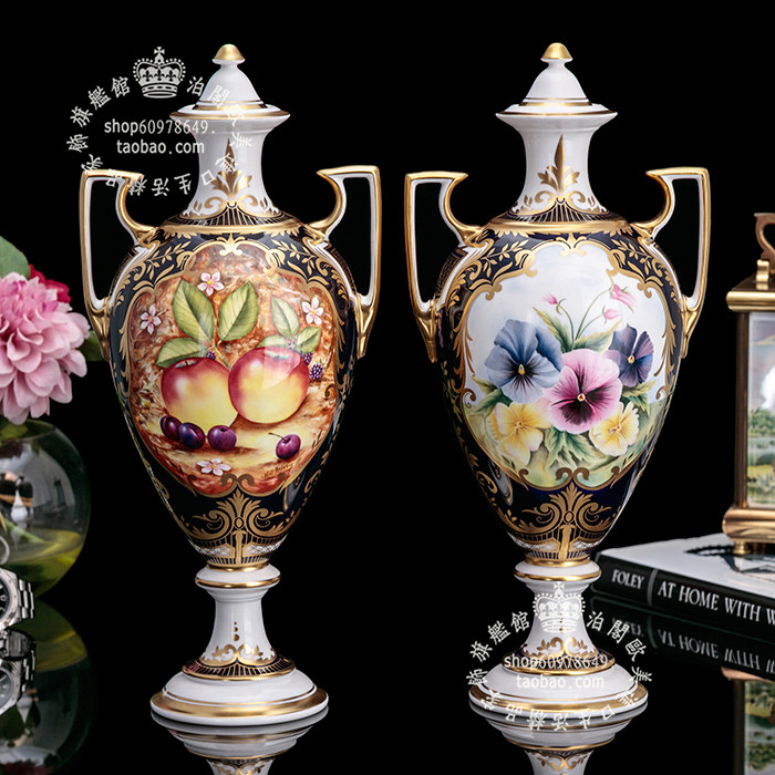 高端艺术订制手绘英国Spode富贵满园花卉欧式骨瓷宝瓶花瓶摆件2件
