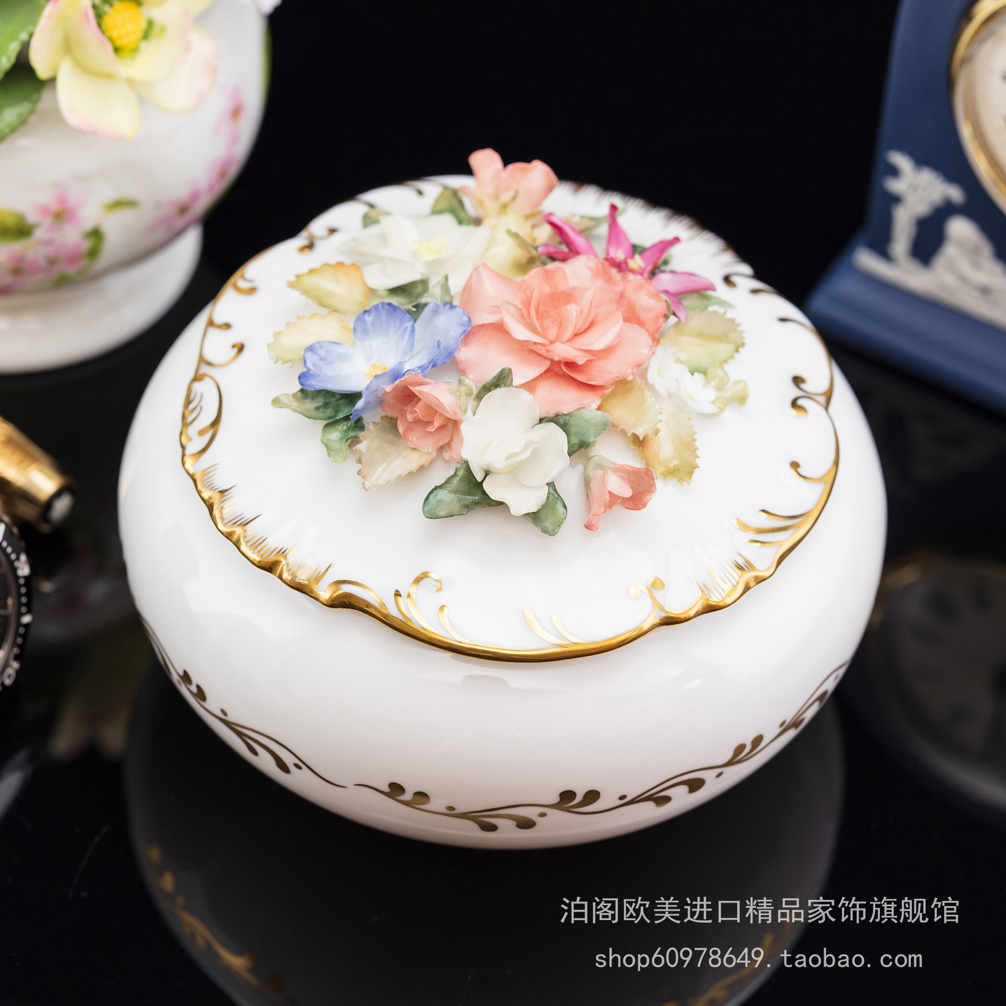 限量2500 英国Royal Crown Derby 1990皇家玫瑰骨瓷手工花首饰盒