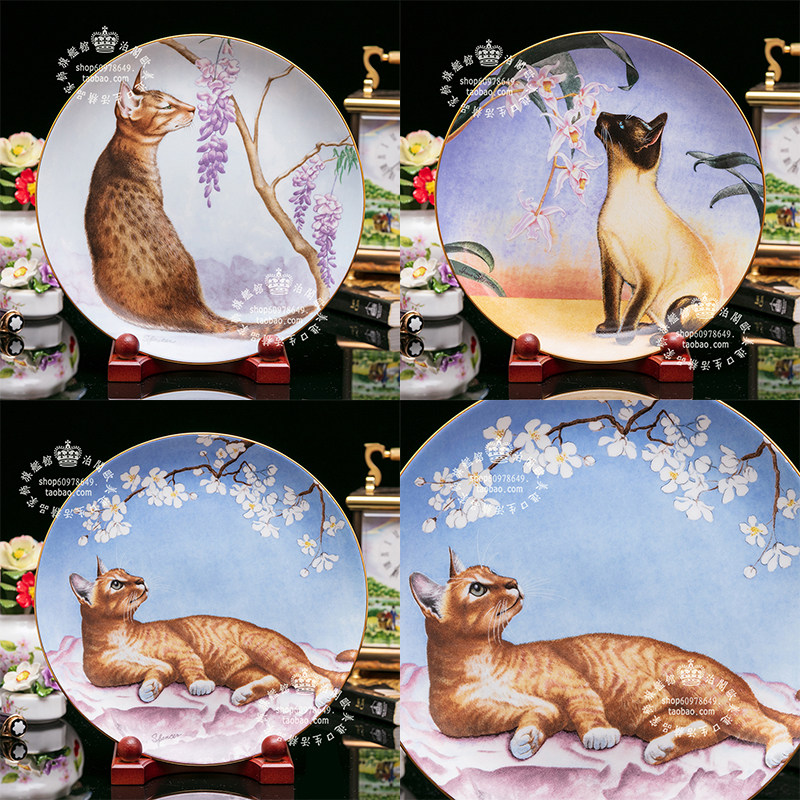 英国Danbury Mint 歐式艺术装饰动物陶瓷盘 花与猫咪的对话 礼物