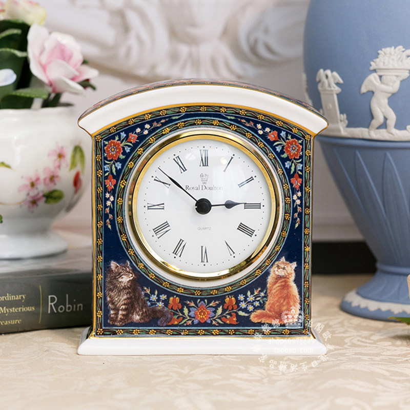 英国制 RoyalDoulton 1997 欧式可爱猫咪精致田园陶瓷座钟时钟