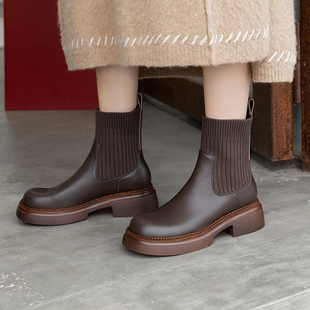 真皮圆头粗跟厚底增高短筒靴女英伦风针织套筒中跟切尔西瘦瘦袜靴
