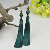 墨绿色流苏耳环长款 民族风旗袍跳舞气质宫廷复古耳坠耳饰女