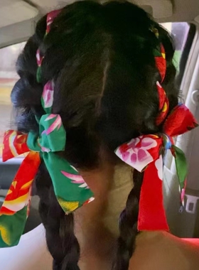 二手玫瑰发带梁龙同款红配绿音乐节丝带东北大花布民族风印花头巾
