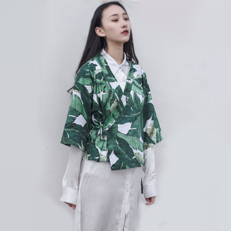木西左岸原创自制春夏款改良款和风绿芭蕉和服外套女绑带开衫上衣