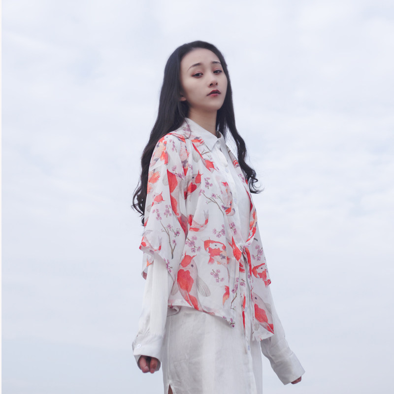 木西左岸原创自制夏改良款和风水墨红鲤鱼和服外套女绑带开衫上衣