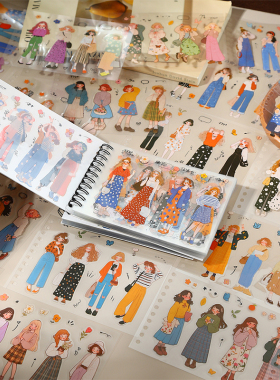 番茄酱线圈贴纸本 橘子味的少女创意卡通人物素材手账diy造景拼贴