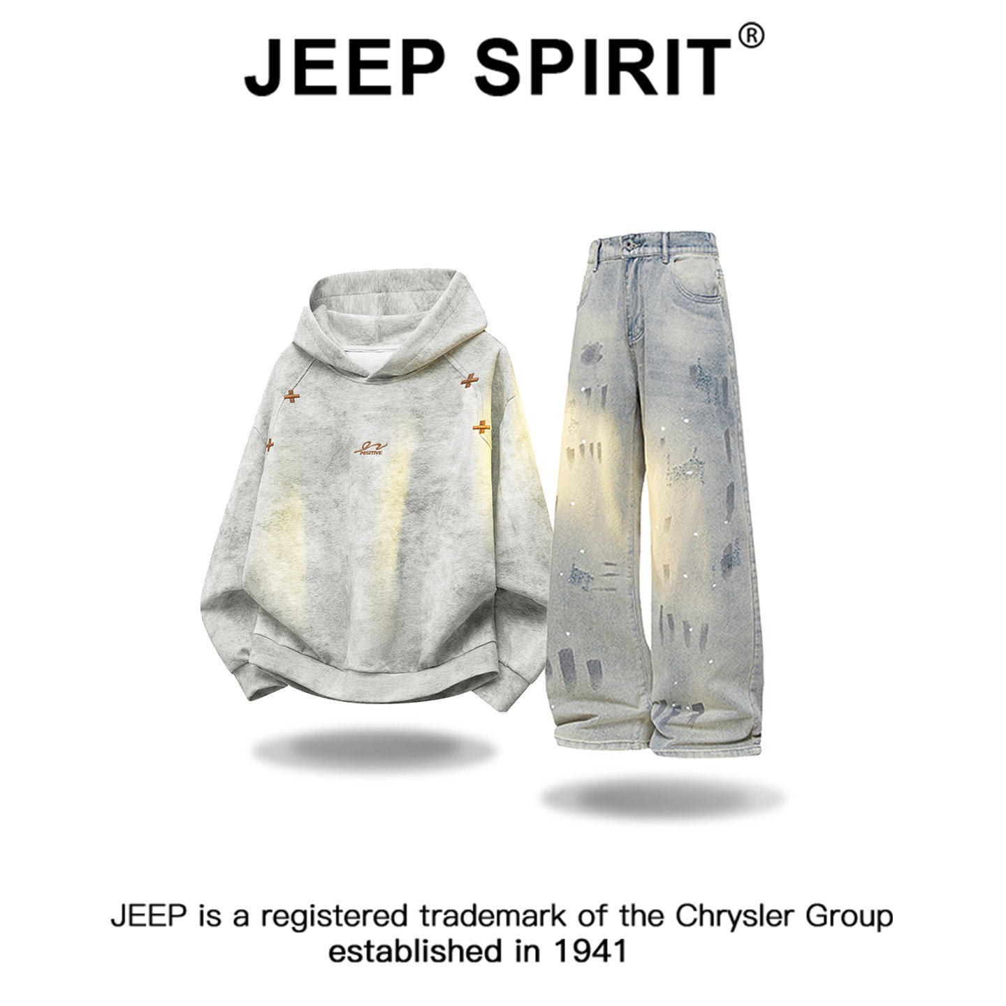 JEEPSPIRIT吉普扎染渐变刺绣时尚卫衣套装男秋冬休闲牛仔裤套装男