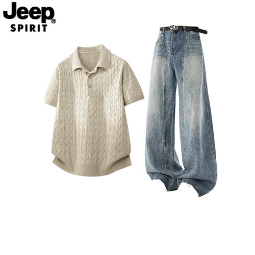 JEEP老钱风绞花短袖牛仔套装男