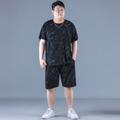 男装 加肥加大宽松运动薄款 夏季 大码 男士 短袖 速干胖子冰丝套装 男潮