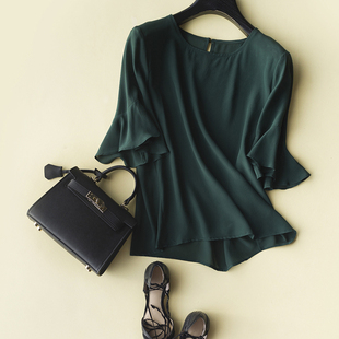素雅低调 真丝衬衫 后颈一粒扣 墨绿色七分荷叶袖 女 纯净 悠然