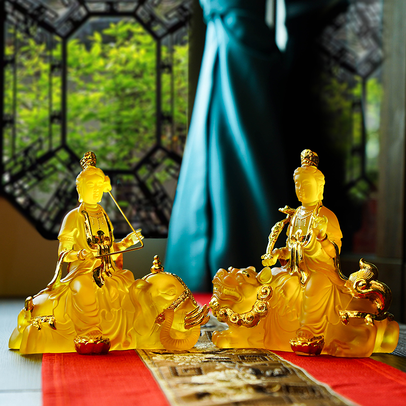 新品树脂水琉璃文殊普贤佛像工艺品居家供奉佛堂摆件20cm厂家结缘
