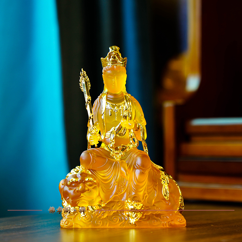 水琉璃家用佛堂持剑文殊供奉摆件