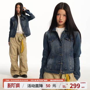 江南先生NewJNXS重磅复古翻领挺括牛仔外套春修身 正肩夹克女 短款