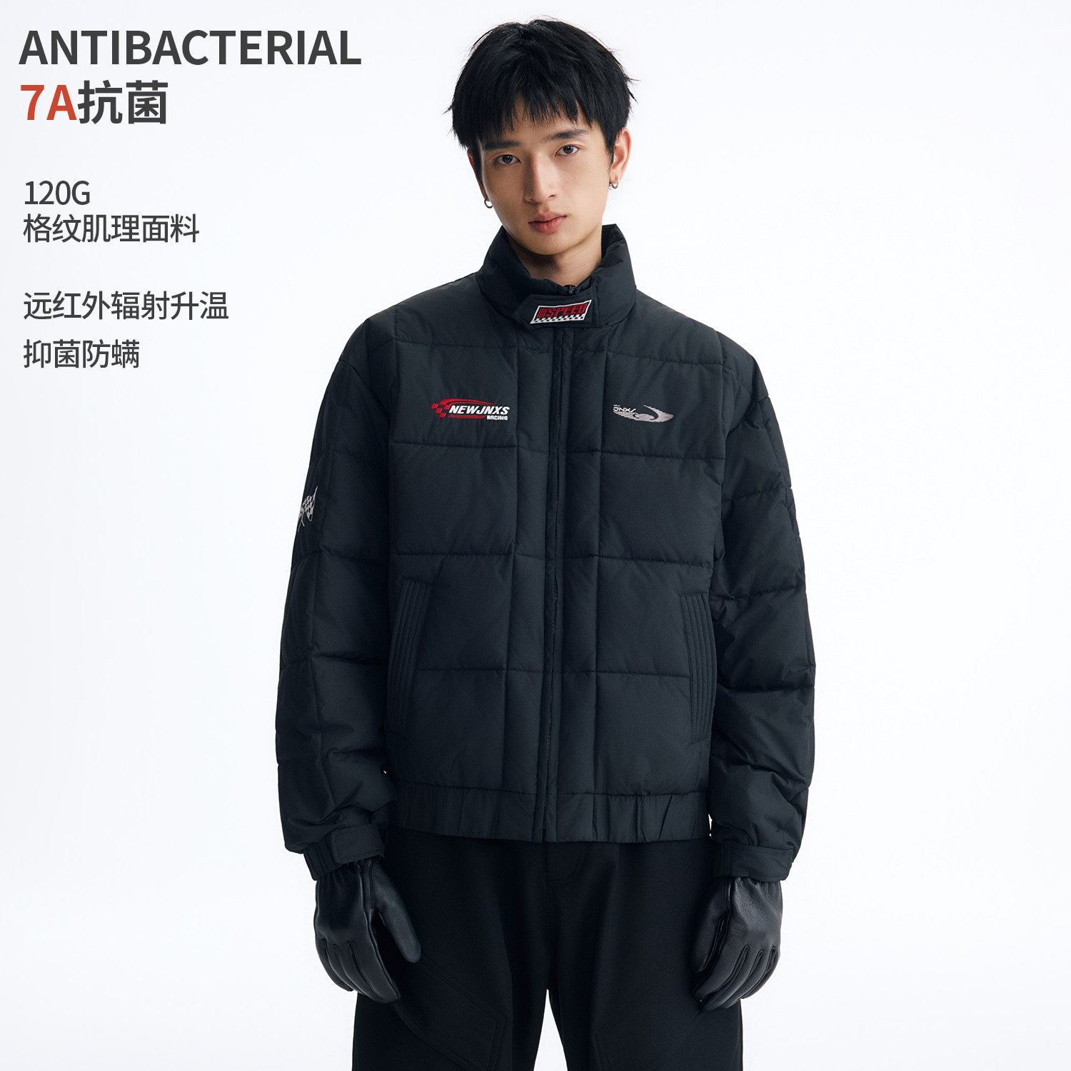 江南先生NewJNXS抗菌升温撞色刺绣立领短款赛车服复古风宽松棉服