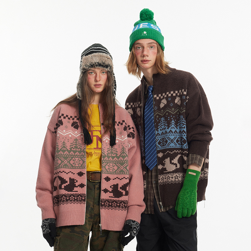 江南先生NewJNXS美式复古新年情侣开衫毛衣提花费尔岛针织衫外套