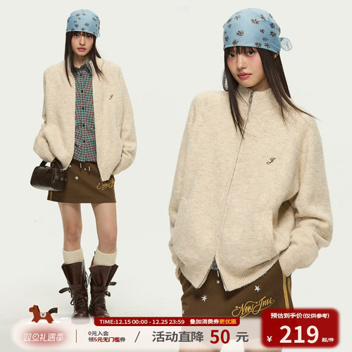 江南先生NewJNXS保暖锁温素色刺绣开衫毛衣男女含羊毛针织衫情侣