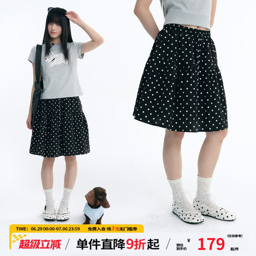 江南先生NewJNXS法式复古高密尼龙A字伞裙立体打褶满印波点半身裙