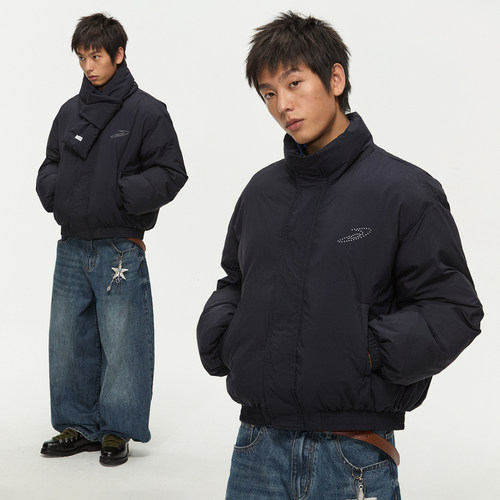 江南先生NewJNXS保暖防风可拆卸围巾撞色棉服冬星星反光印花外套